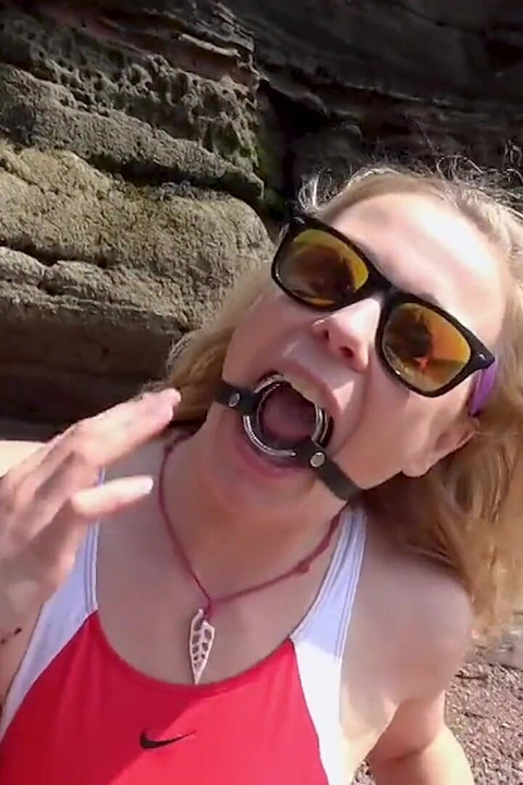 Gagged on the Beach Dripping and Drooling Down My Swimsuit