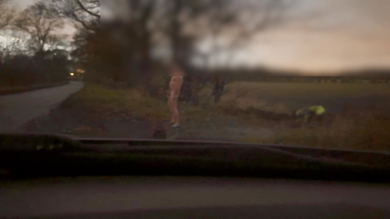 Dejando el auto en solo un abrigo largo y estado desnudo entre los autos que pasan