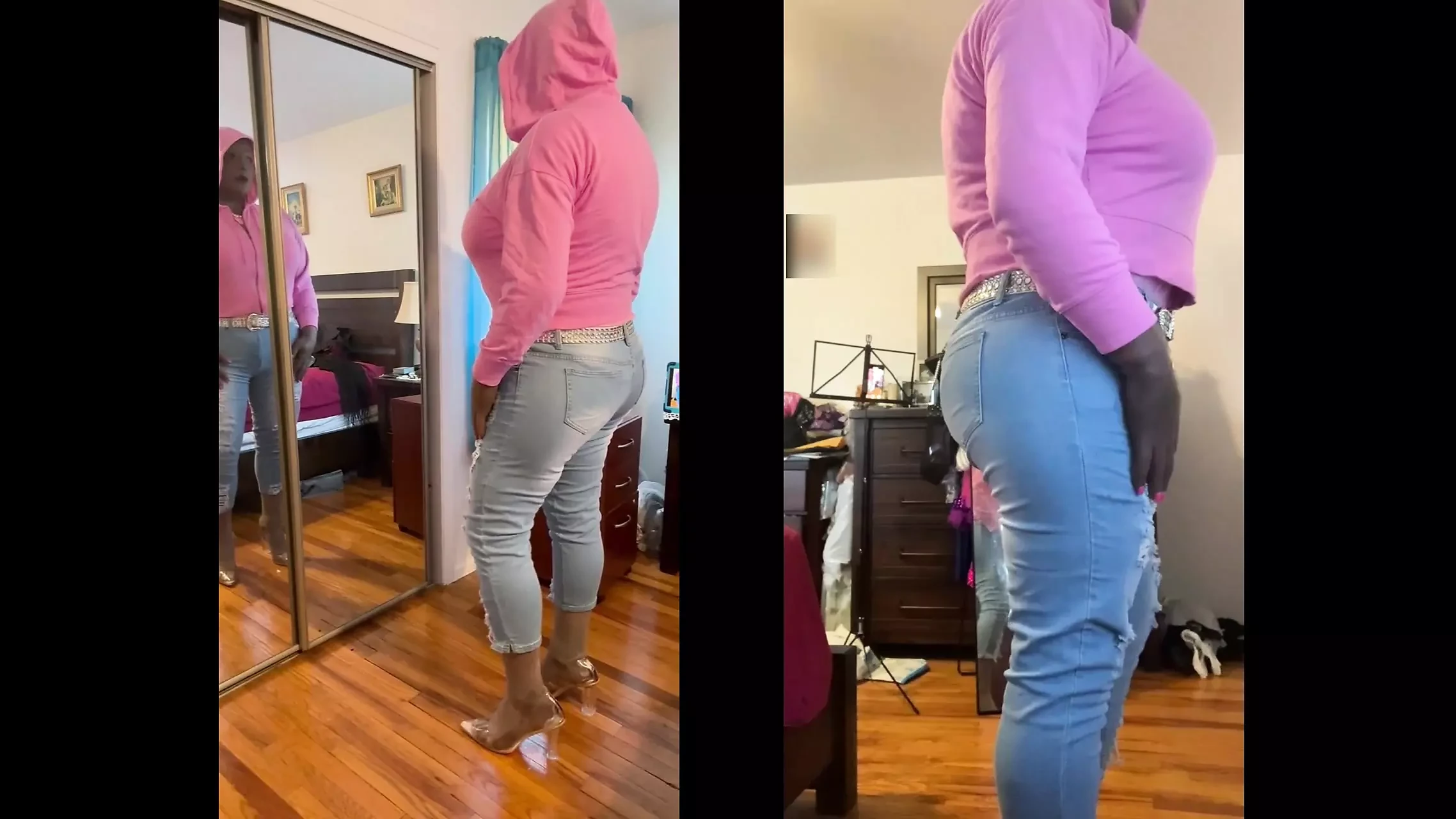 Black babe Danae as a butch bald strong black woman in ripped tight jeans