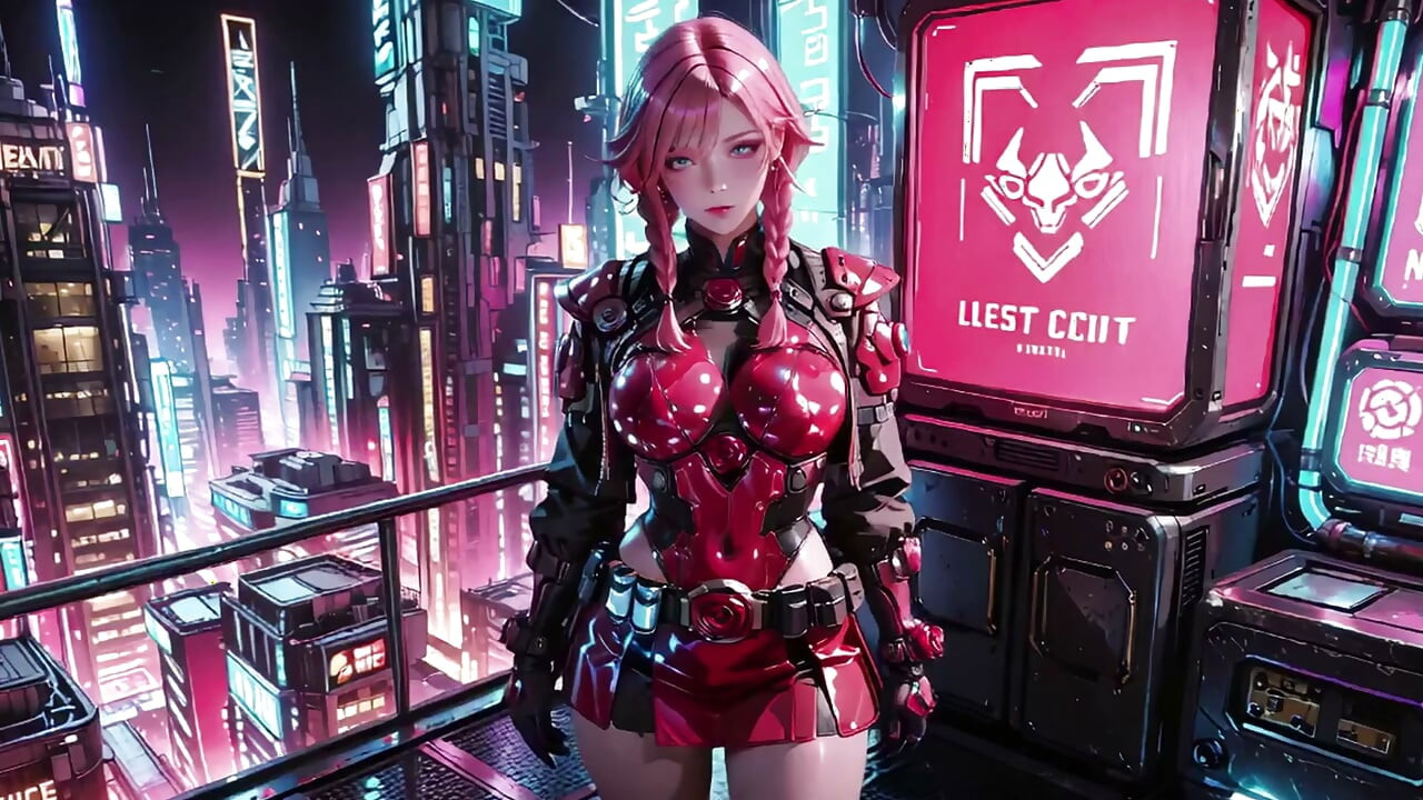 Pink-haired Mech Warrior! Kneeling in Neon Streets, Red Rose & Cold Armor Contrast, Fingertips tracing collarbones.