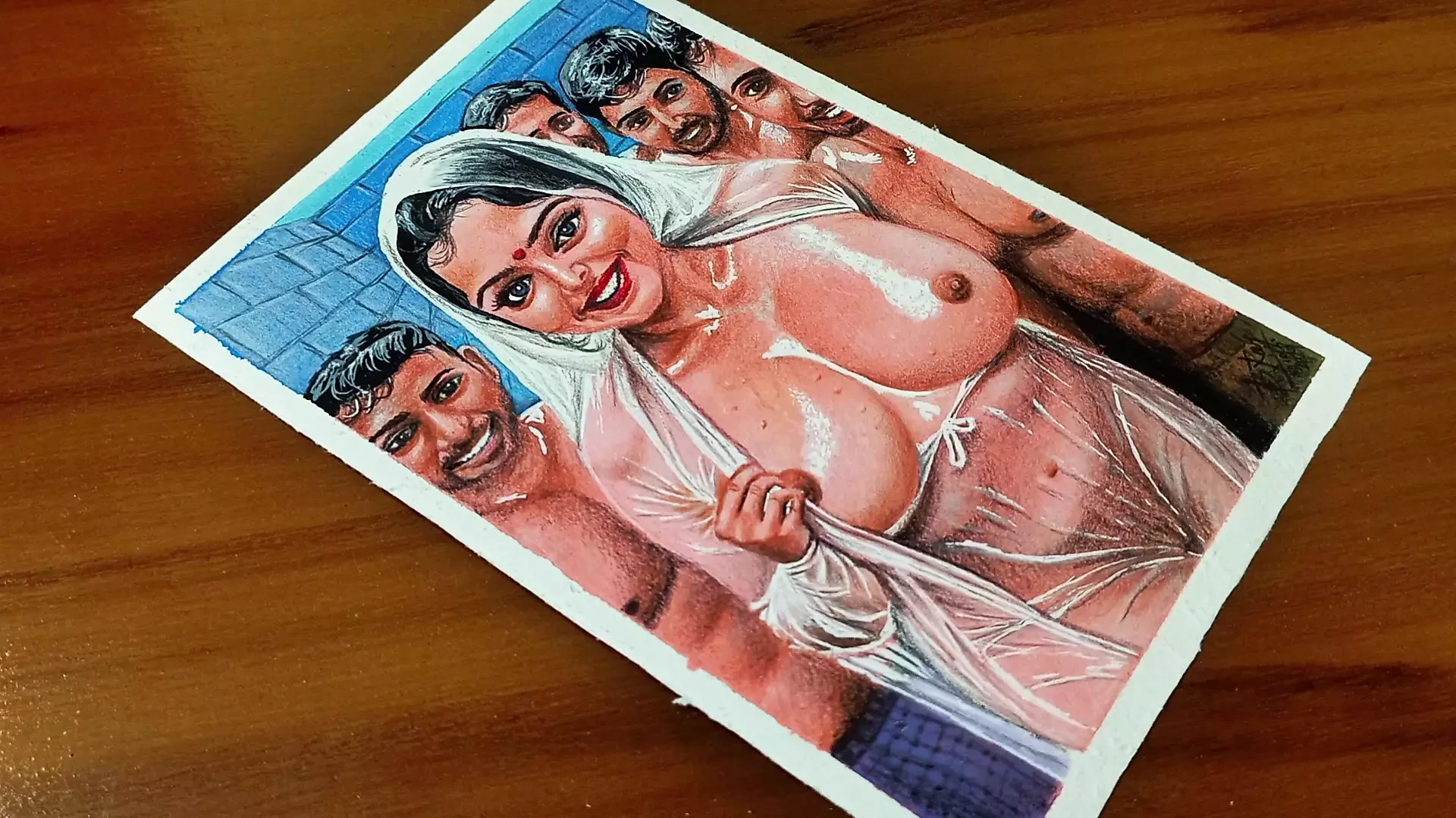 Seni erotis atau gambar wanita Seksi India basah kuyam di depan empat pria