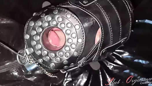 Slave Slut-Orgasma Celeste restrained in latex and leather