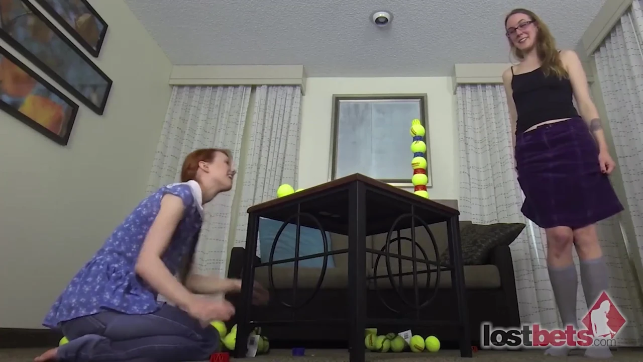 Two Lesbians in an Intimate Strip Ball Stacks Challenge