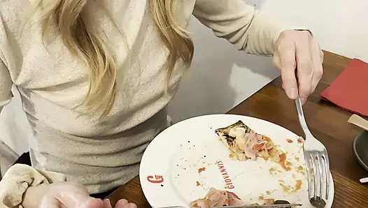 Having Pizza in a sheer blouse in public  in a restaurant exposing my big nipples