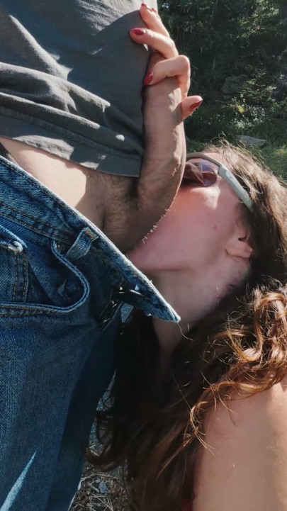pale brunette got caught while tries deepthroat with strangers in public | Clip 1