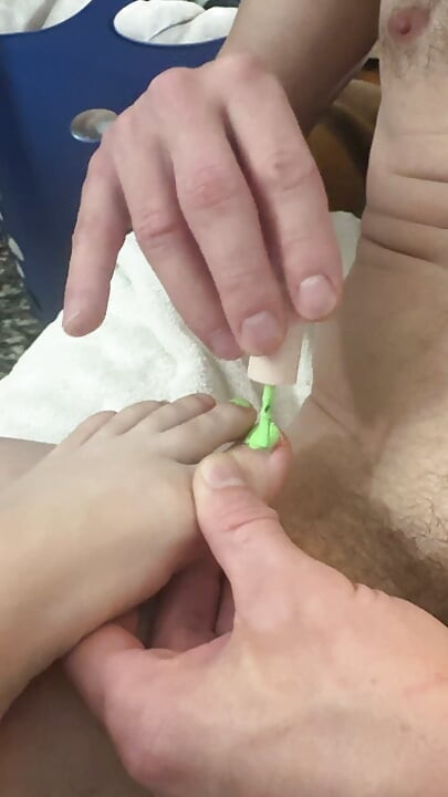 perverted old man paints stepdaughters toenails while she plays with his big cock