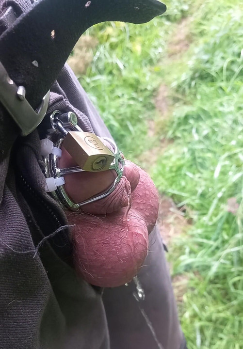 Cuckold with helpless small cock and chastity cage pisses outdoors