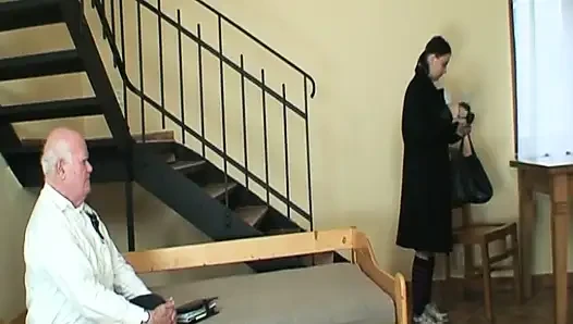 Cute teen with pigtails tries her grandpa's friend's cock