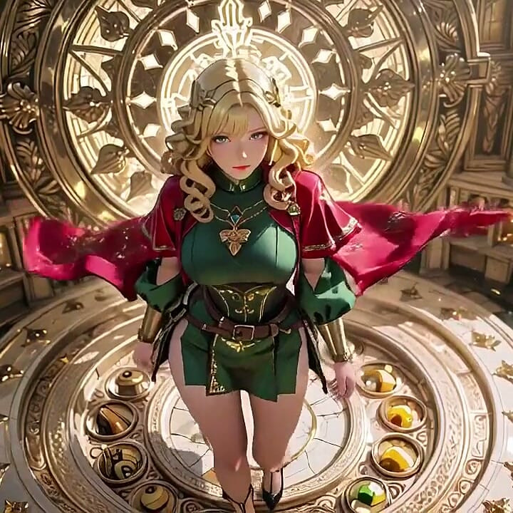 Blondă Regina Îngerului! Sacred Îngenunchează într-o mare catedrală, Roba verde abia ascunde curbele ei moi