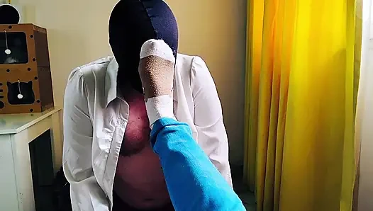 A slave gives me a foot massage in socks and sniffs my firm legs. Sock fetish, foot worship. POV.