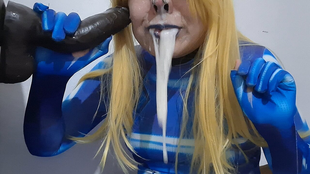 Cute Samus Femboy with BDSM Nosehook giving a Sloppy Blowjob to BBC Dildo, Deepthroat, Facial Fuck and Eating Semen