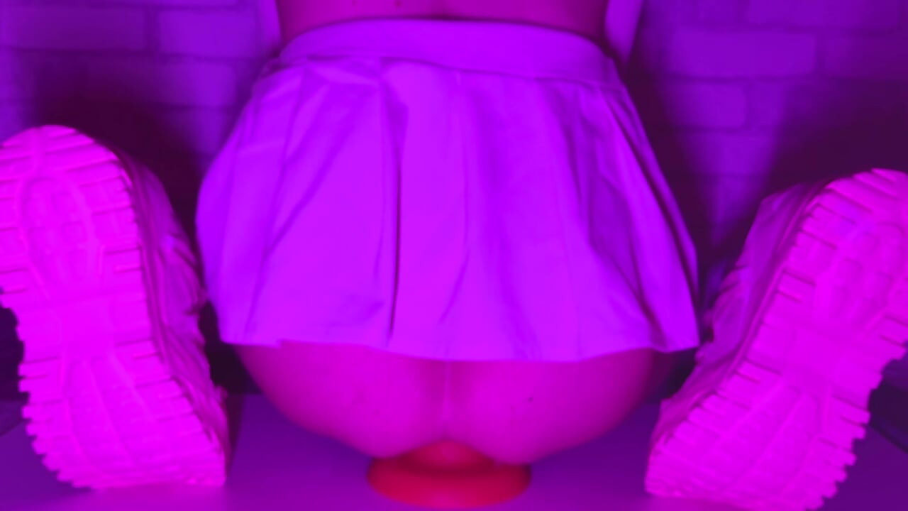 Sissy Girl In Short Skirt Bounces On a Huge 12-centimeter Thick Anal Plug