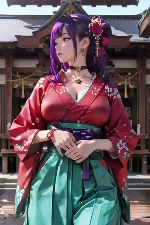 Paars haar kimono-meisje privéochtend! Rood en groen botsing is krankzinnig.