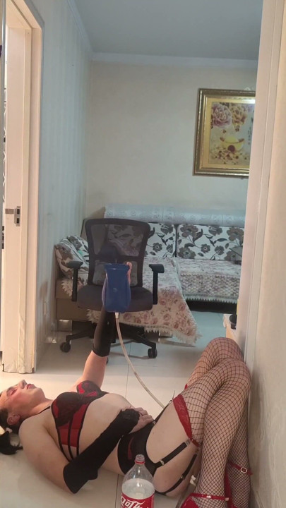 Sissy takes huge enema then bounces on dildo whilst still inflated | Clip 2
