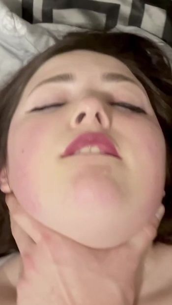 Teen BBW fucked hard and moaning while being choked. Up close showing of tight shaved pussy as a huge cock penetrates her deep