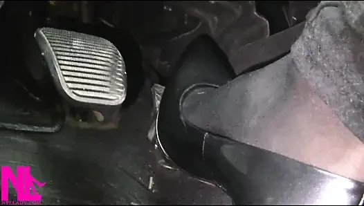 Revving and Driving in Black Pantyhose and Grey High Heels