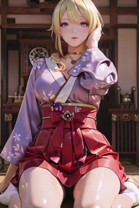 Blonde Goddess in the Japanese Corridor, Lazy Gazes, Hand on Hips, Sunlight Drenching Her Skin