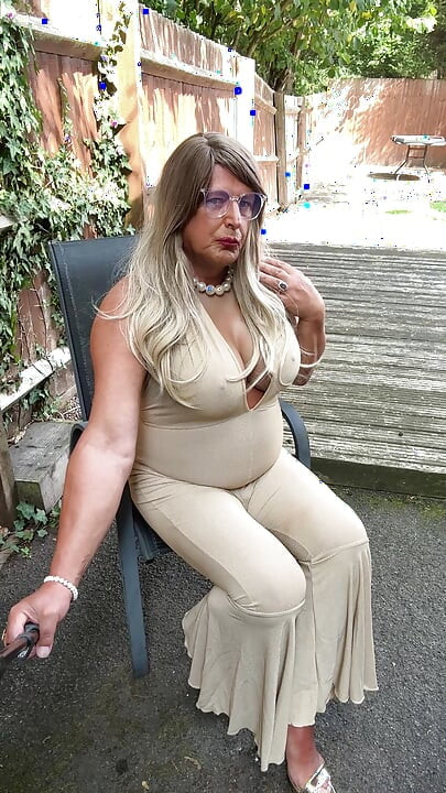 Sexy Crossdresser kellycd2022 in gold stretchy catsuit and heels