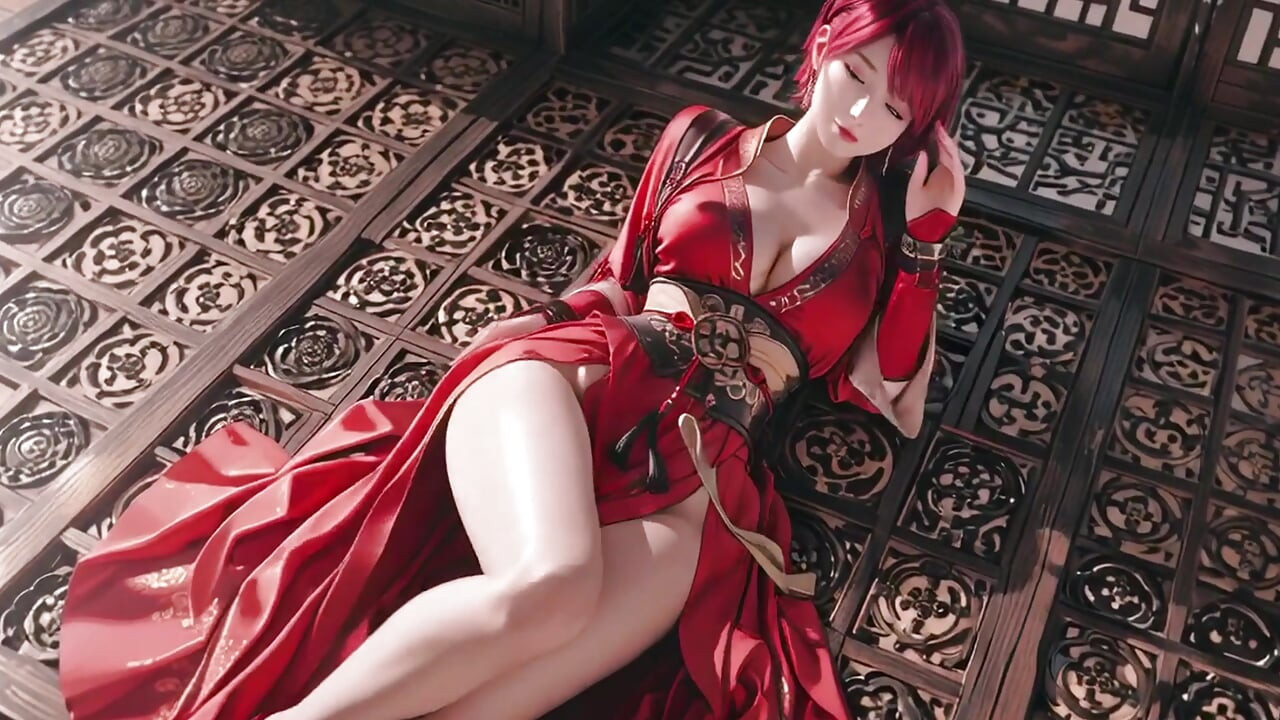 สาวใช้สงครามผมสีม่วงในชุดกิโมโนร่องสูง คุกเข่าหยอกล้อตาด้วยการจ้องมองที่แฉะและกระซิบเปียกห้าม