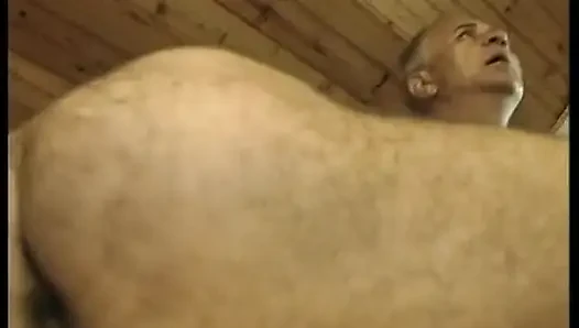 Hairy blonde mature gets spitroasted in a threesome