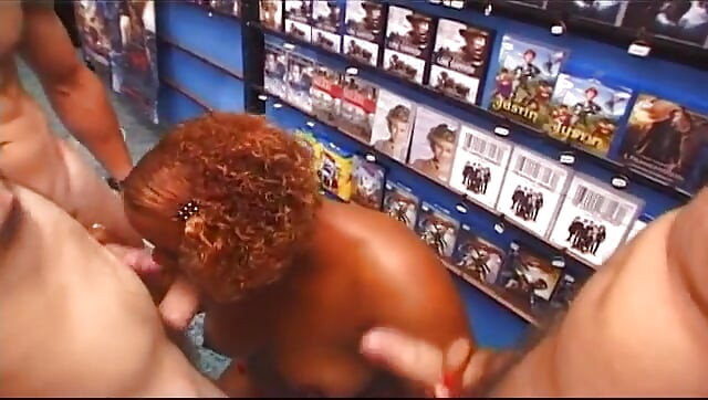 Two amateur milfs gang banged in a video store