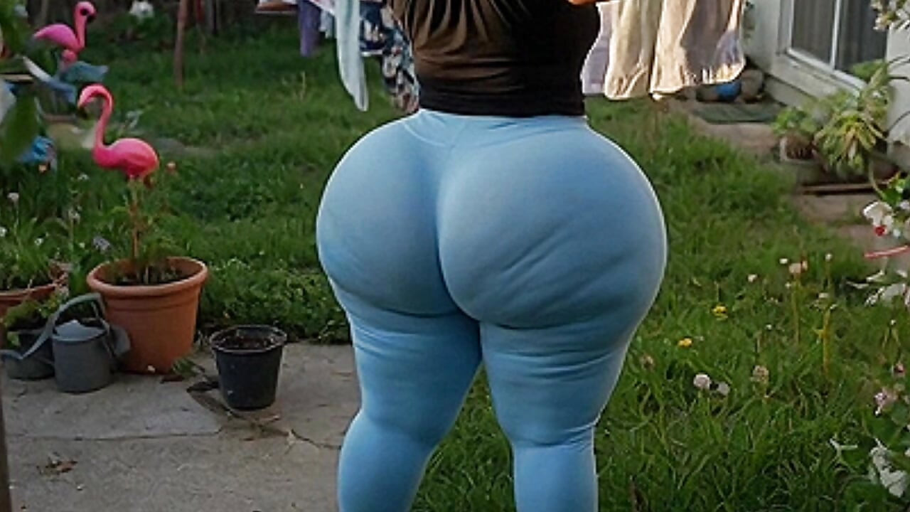 Nachbarin mit dickem arsch in engen, hellblauen leggings und blauem tanga in der Terrasse