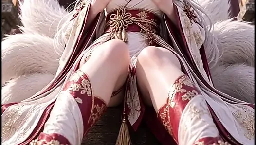 3d Anime kitsune auf Tempeltreppe masturbiert und reitet ihre Schwänze
