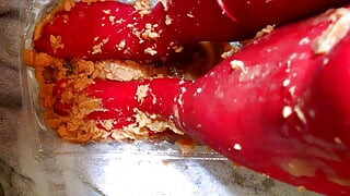 Food smearing my red nylon pantyhose feet, legs, crotch with yams and baked beans.