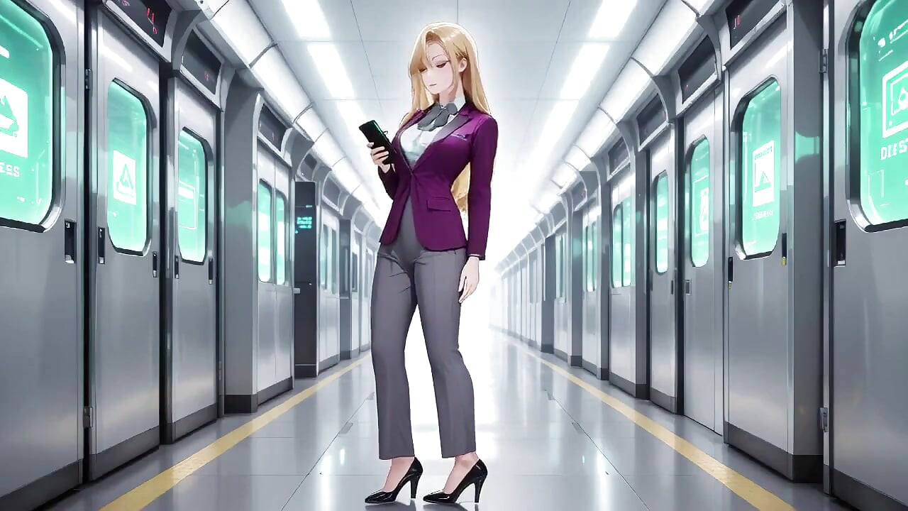 Blonde Boss in Purple Suit! Office Train Private Moments. She's Multitasking with Files While Secretly Adjusting Her Skirt...