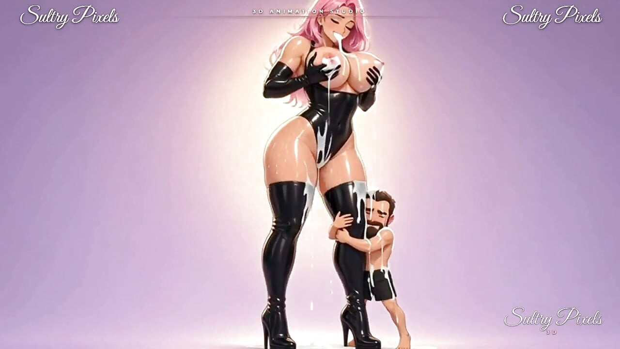Pelirroja de anime de látex giganta exprime la leche de sus enormes tetas mientras un pequeño hombre abraza su bota