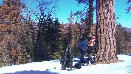 Big ass girl bends over while she gets fucked hard on the snow