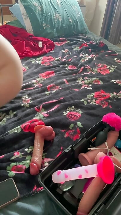 close up of beautiful white British blushing babe with perfect smooth skin and huge boobs trying out the new pussy pumping fuck