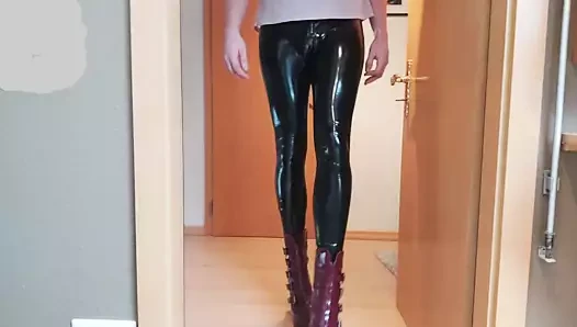 Crossdresser teasing in shiny Leggings and Heels