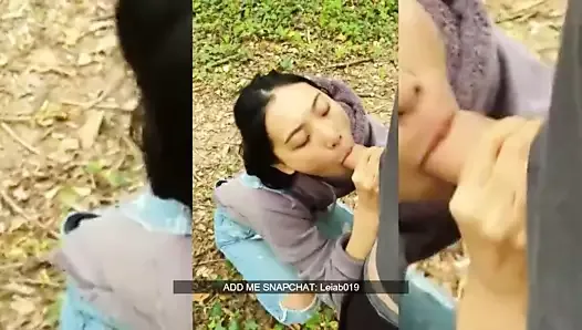 Chinese cute girl sucking white dick in public