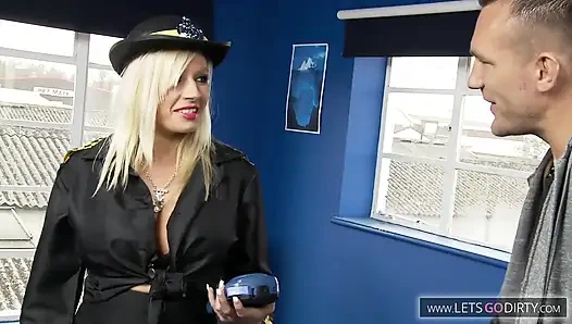 Horny milf gets hot at the police station and gets her pussy a treat