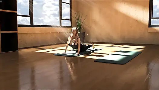 Büyük memeli kız yoga yapıyor ve meme uçları kayıyor