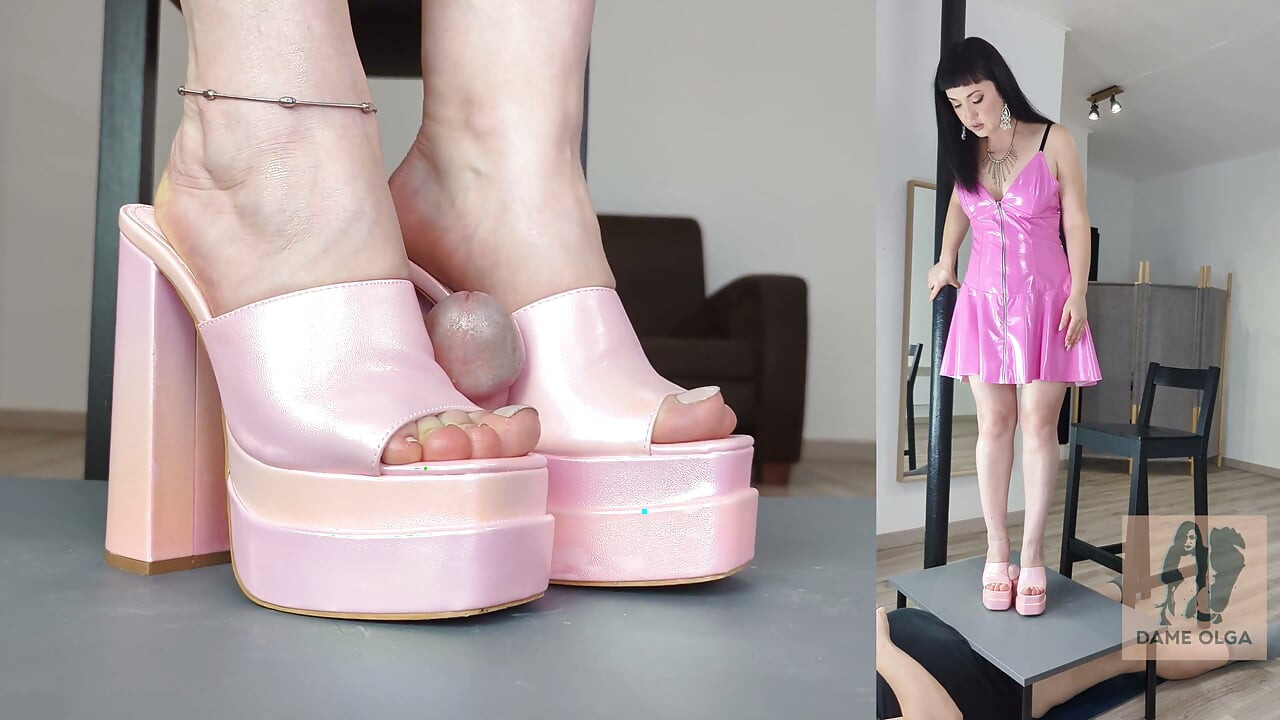 Shoejob & Cum on Pink Block Heel Mules Under Cock Table - Dame Olga 4K (746)