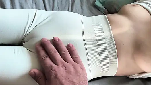 Dressed in sexy leggings I let my stepbrother follow the contour of my virgin pussy