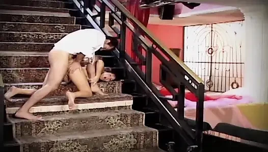 Brunette Babe Stretched Wide in Staircase Hardcore Pounding