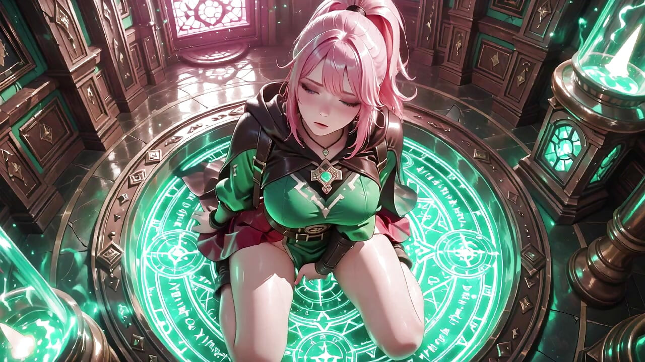 Deep squat teasing under the giant magic array, green battle gear stretched tight.