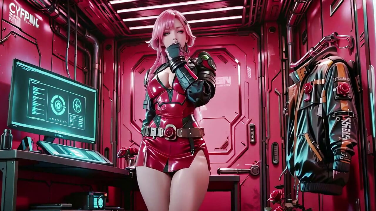 לוחמת מכאנית עם שיער ורוד! כורעת ברחובות ניאון, ניגוד בין ורד אדום לשריון קר, קצות אצבעותיה עוקבות אחר עצמות הבריח.