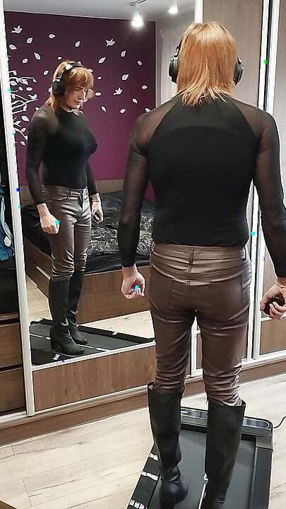 Learning to walk in heels in leather pants