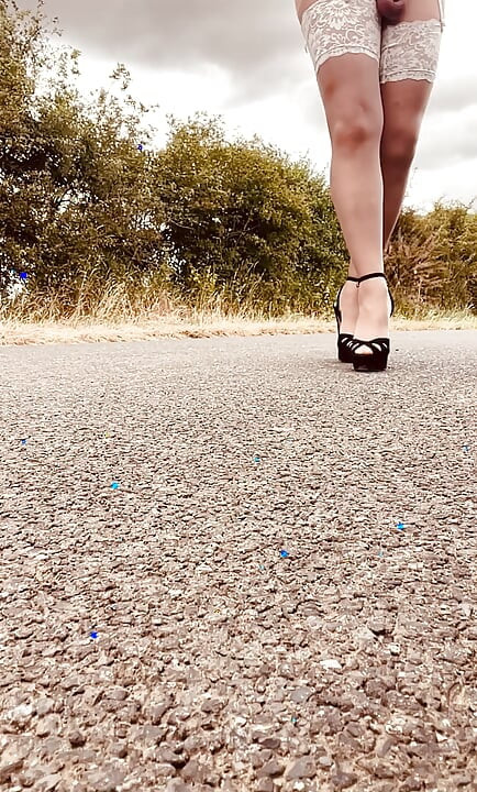 Crossdresser husband bridal stockings  suspenders heels panties bra dressed sexy outdoor flashing