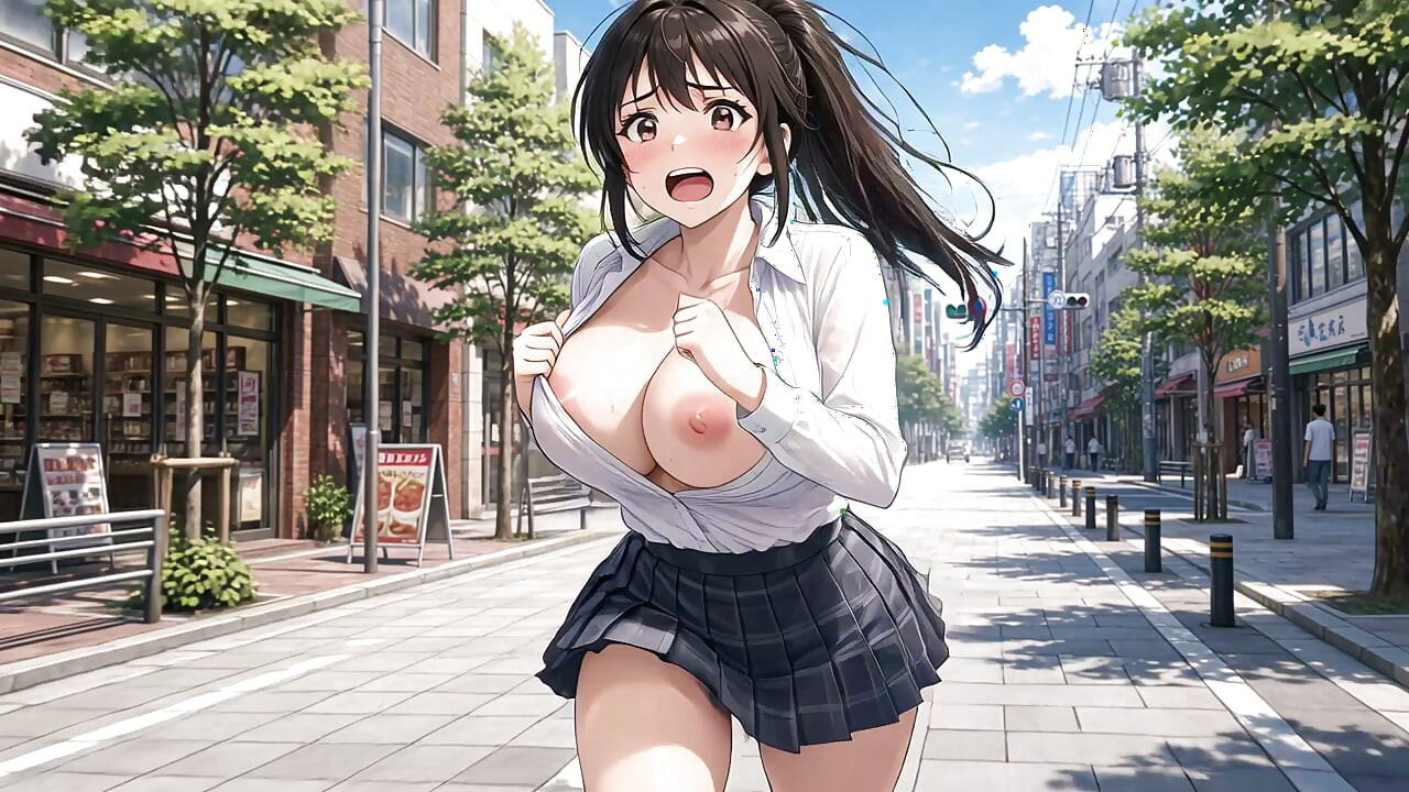 Running down a bustling street, exposing her huge breasts beneath her clothes