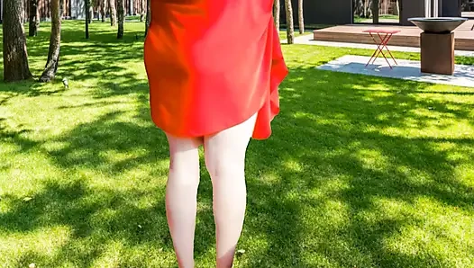 XX Red Dressed Outdoor Blonde Bubble Butt Smooth Ass Delicious Booty Pretty Legs