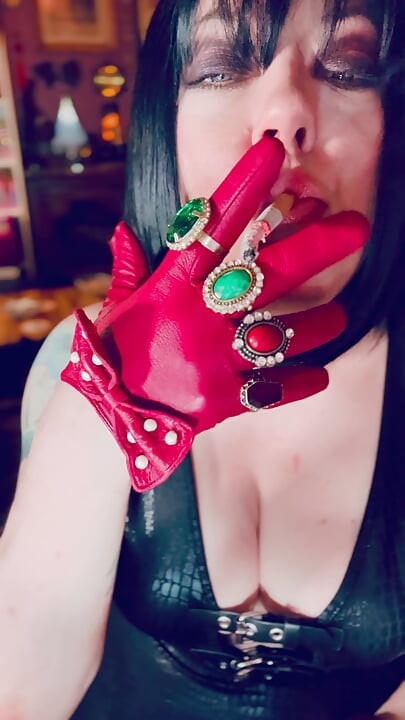 Red Leather Gloves & Rings! Smoking Tart Tina Snua Smokes A Cigarette & Shows Off Her Gloves - Smoker