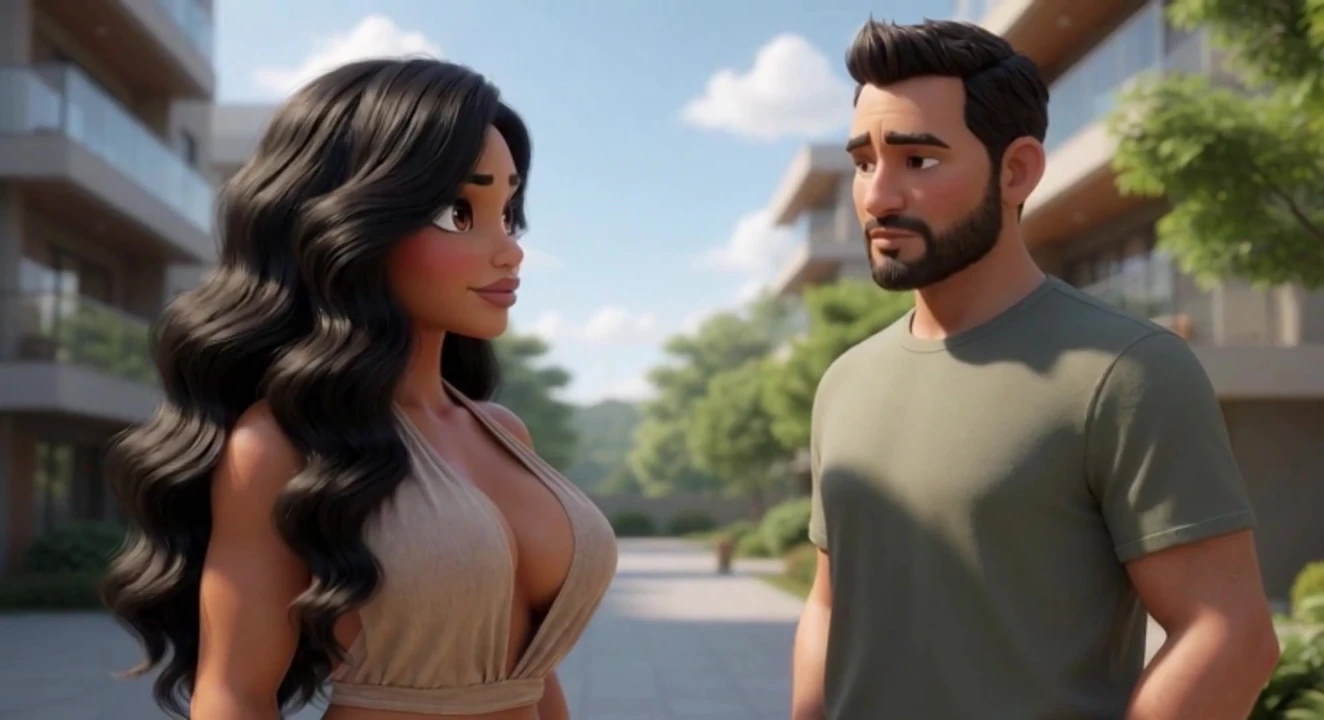 The husband secretly watches his wife sharing intense encounter with tall protector at the family farm (AI generated)