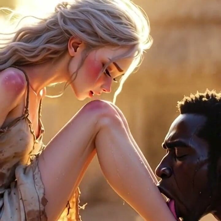 White Woman in Bondage - African Man Passionate Foot Licking