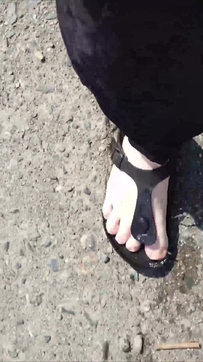 Outdoor in a Black Caftan and Barefoot in Black Birkenstocks