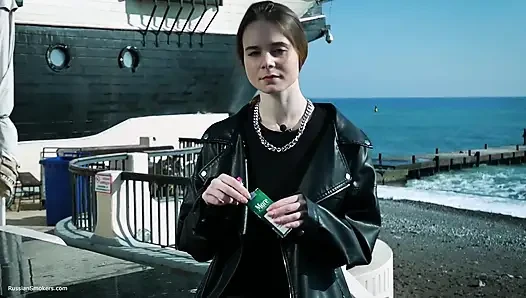 Young Russian Woman Smoking Cigarette Outdoor Terrace